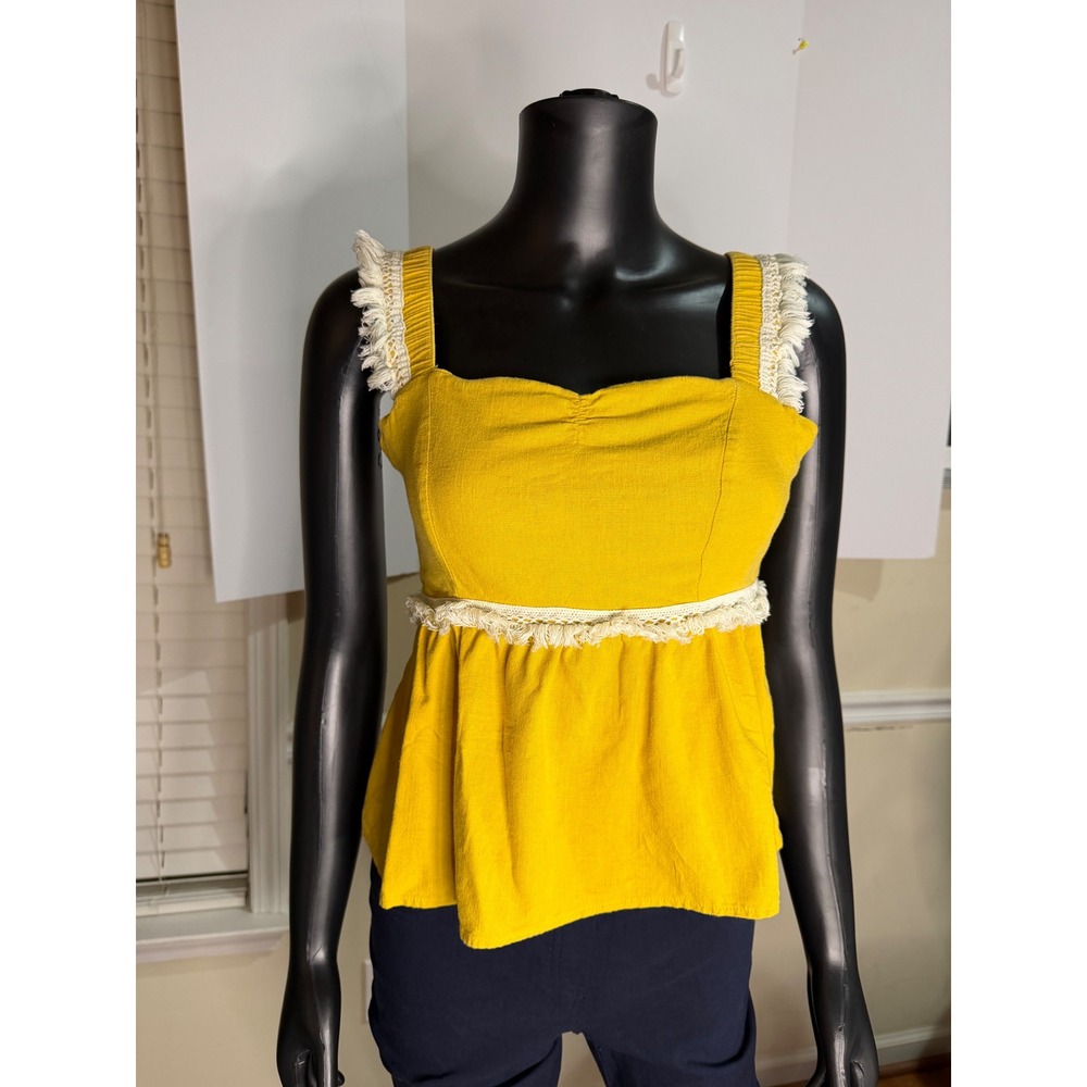 Fab'rik Mustard Yellow Linen Blend Fringe Peplum Top Sleeveless Boho T-6563-H M